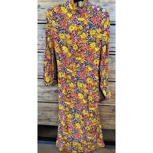 Rebecca Vallance Dress Womens 10 Black Multi Arles Midi Floral Pearl Buttons
